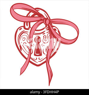 A vector heart shaped lock with ornate curls and pink bow. Symbol of love and devotion for Valentine's Day. Clipart for greeting cards and wedding invitations. Line art in a Coquette style. Ink sketch Stock Vector