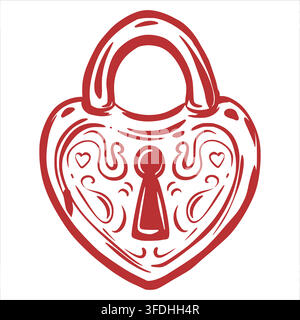 A vector heart shaped lock with ornate swirls. Symbol of love devotion for Valentine's Day. Clipart for greeting card, wedding invitation. Line sketch in a Coquette style. Stock Vector