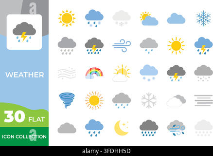 Weather Forecast and Climate Cloud Sun Rain Winter Season Colorful Flat Icons Set Stock Vector