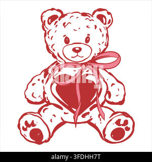 Vector teddy bear with a heart and bow. Soft plush toy in a simple line style. Concept for a birthday or Valentine's Day gift. Linear illustration in a Coquette style. Retro ink sketch. Stock Vector