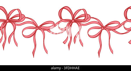 Horizontal pattern of stylish pink bows. Vector design for Valentines Day, gift wrapping, greeting cards, invitations. Coquette style. Hand drawn Line ink sketch. Decor for a festive romantic event. Stock Vector