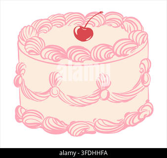 A vector illustration of a classic round cake with elegant decorative cream elements. Shiny red cherry on the top. Clip art is perfect for birthday invitation, greeting cards, flyers. Retro aesthetic. Stock Vector
