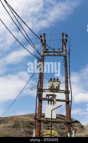 Weathered wooden electrical structure with transformers, insulators, power lines and electrical equipment Stock Photo