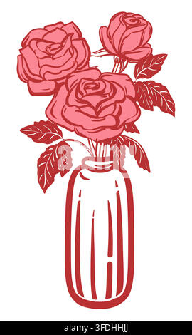 Vector sketch of a bouquet of roses in a white vase. A stylized bunch of white flowers on a stem with leaves. The drawing imitates a quick ink sketch. A symbol of love for a retro tattoo. Flirty style Stock Vector