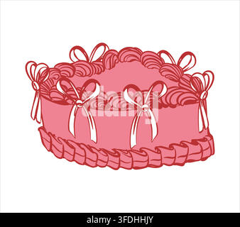 Vector image of a cake. Vintage style dessert with delicate white bows. Heart shaped cake with wavy edges and cream swirls. For birthday invitations, greeting cards, party banners. Flat retro style. Stock Vector