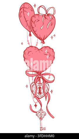 A lock and key hang from pink and red heart shaped balloons. Valentine's Day vector images, love designs, greeting cards , and romantic decorations. Minimalistic style. Floating helium balloon. Stock Vector