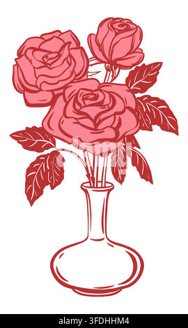 Vector sketch of a bouquet of roses in a white vase. A stylized bunch of white flowers on a stem with leaves. The drawing imitates a quick ink sketch. A symbol of love for a retro tattoo. Flirty style Stock Vector