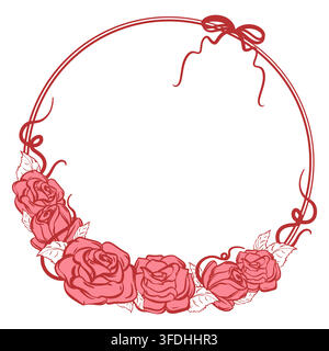 Vector wreath of pink roses. Round frame of stylized flowers and ribbons. Quick ink sketch. Wedding template. Coquette style. Stock Vector
