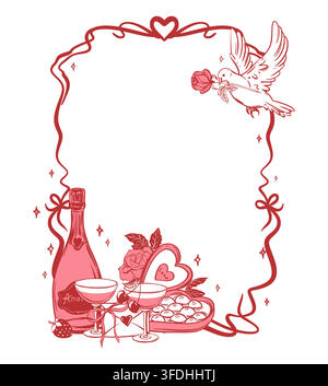 Valentine's Day vertical frame. Vector wedding template with a white dove. Romantic evening with a bottle of champagne. Chocolate, glasses of wine, love letter and rose. Ink sketch. Stock Vector
