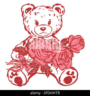 Vector teddy bear with a a bouquet of pink roses. Soft plush toy in a simple line style. Concept for a birthday or Valentine's Day gift. Linear illustration in a Coquette style. Retro ink sketch. Stock Vector