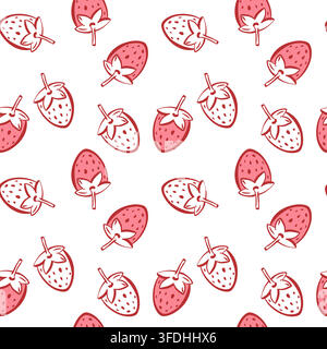 Vector pattern of a strawberry. A simple outline drawing of sweet summer berry. A wild berry in a flirty girlish style. A simplified coquette drawing with ink and brush. Seamless background Stock Vector