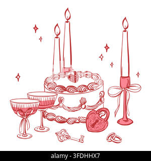 Engagement celebration. Romantic evening with champagne, cake, and candles. Symbols of love, a padlock, key, and betrotha rings. Vector illustration in a coquette style. Clipart for Valentine's Day. Stock Vector