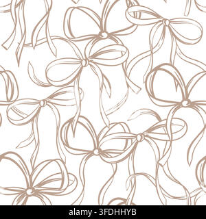 Seamless pattern of stylish monochrome bows. Vector wedding background or Valentines Day. Hand drawn Line ink sketch. Festive romantic event Decor in Coquette style. Love story clipart. Trendy print. Stock Vector