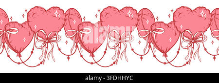 Horizontal pattern of pink heart shaped balloons. Vector image for Valentine's Day, love designs, greeting cards. Seamless background. Floating helium balloon. Decor for a festive romantic event. Stock Vector