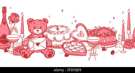 Valentine's Day gifts. Vector seamless pattern. A romantic evening with a bottle of champagne and candles. Glasses of wine, love letter, a rose and a teddy bear. Coquette style horizontal border. Stock Vector