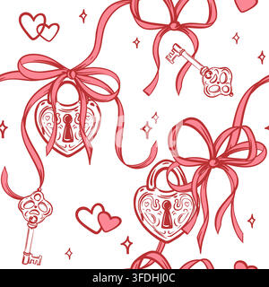 Vector wedding background. Seamless pattern in Coquette style. A padlock and key symbol love. Line ink sketch. Clipart for Valentine's Day marriages. Decorative element packaging paper, fabric. Stock Vector