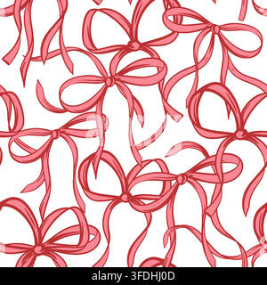 Seamless pattern of stylish pink bows. Vector wedding background or Valentines Day gift wrapping, greeting cards invitation. Hand drawn Line ink sketch. Festive romantic event Decor in Coquette style Stock Vector
