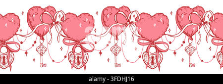 A lock and key hang from pink and red heart shaped balloons. Valentine's Day vector image, love designs, greeting cards and romantic decorations. Horizontal seamless pattern. Floating helium balloon. Stock Vector