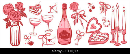 A collection of romantic elements for Valentine's Day. Bottle of pink champagne, glasses, and diamond ring. Cake and candles for the engagement celebration. A bouquet of roses for your sweetheart. Stock Vector