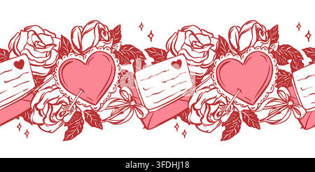 Vector pattern of white roses and a love letter. Seamless horizontal background of flowers with bow, message from a smitten admirer. Clipart for Valentine's Day. Coquette style festive romantic event Stock Vector