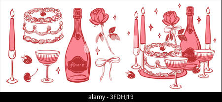 Valentine's Day gifts set. Vector clip art. A romantic evening with bottle champagne. Glasses of wine, love letter, coquette and rose. Illustration for congratulations, posters. Birthday presents. Stock Vector