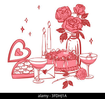 Valentine's Day gifts for your loved one. Vector clip art. Romantic marriage proposal with champagne and diamond ring. Chocolates, glasses of wine, love letter and roses. Ink coquette style sketch. Stock Vector