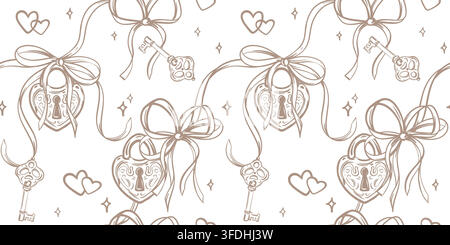 Vector wedding background. Seamless pattern in Coquette style. A padlock and key symbol love. Line monochrome sketch. Clipart for Valentine's Day marriages. Decorative element packaging paper, fabric. Stock Vector