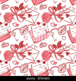 Vector wedding background. Seamless pattern in Coquette style. A padlock and key, wedding rings symbol love. Love letters and a red rose sign of passion. Line ink sketch. Clipart for Valentine's Day. Stock Vector