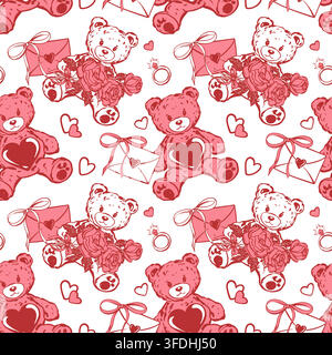 Vector pattern teddy bear with a love message. Concept for birthday or Valentine's Day gift. Linear illustration in a Coquette style. Retro ink sketch. Letter and roses from a fan. Seamless background Stock Vector