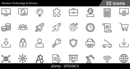 Vector illustration set of 32 business technology and finance icons featuring briefcase, target, rocket startup, security lock, and analytics screen. Stock Vector