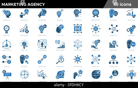 Vector illustration set of 40 marketing agency icons featuring target audience, brand strategy, digital influence, growth metrics, and media link. Stock Vector