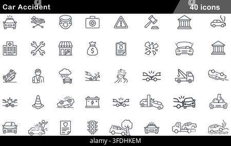 Vector illustration set of 40 car accident icons featuring vehicle collision, police car, stretcher patient, tow truck, and legal claim symbols. Stock Vector