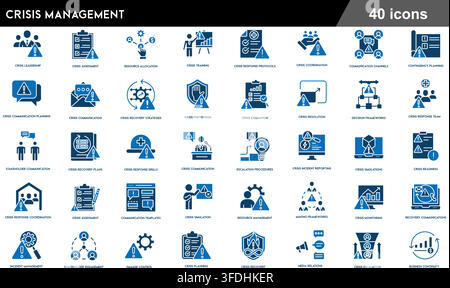Vector illustration set of 40 crisis management icons featuring crisis leadership, risk assessment, escalation procedures, and recovery planning. Stock Vector
