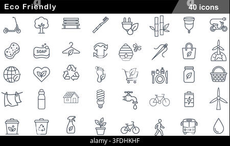 Vector illustration set of 40 eco friendly icons featuring electric scooter, bamboo, recycle symbol, wind turbine, solar house, and organic products. Stock Vector