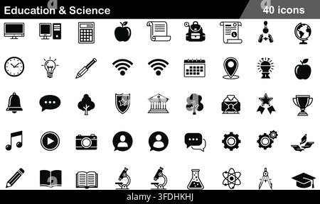 Vector illustration set of 40 education and science icons featuring graduation cap, microscope, open book, atom structure, and classroom equipment. Stock Vector