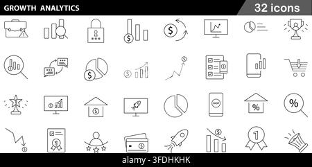 Vector illustration set of 32 growth analytics icons featuring bar chart, pie chart, financial arrow, trophy award, rocket startup, and percentage. Stock Vector