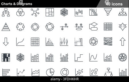 Vector illustration set of 40 charts and diagrams icons featuring pie chart, candlestick graph, Gantt chart, radar web, and flow diagram symbols. Stock Vector
