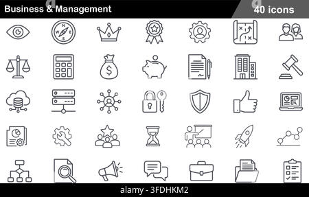 Vector illustration set of 50 business and management icons featuring corporate vision, strategic planning, financial savings, legal gavel, and leader Stock Vector