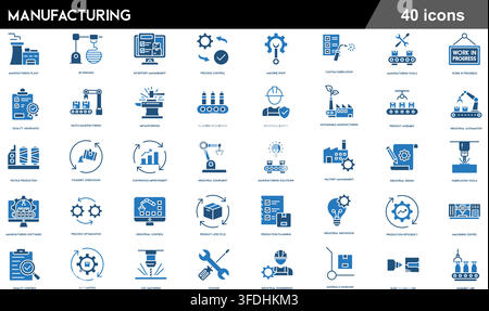 Vector illustration set of 40 manufacturing process icons featuring factory plant, 3D printing, robotic arm, quality control, and assembly line. Stock Vector