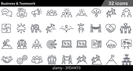 Vector illustration set of 50 business and teamwork icons featuring handshake, helping hand, leadership, mountain summit, trophy victory, and team sym Stock Vector