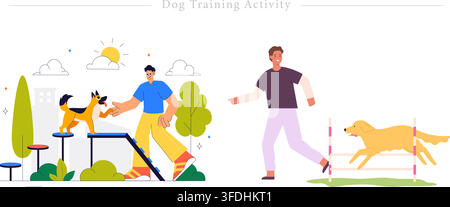 Vector illustration set of dog training activity featuring men guiding dogs across balancing platforms and jumping over hurdle in agility park. Stock Vector
