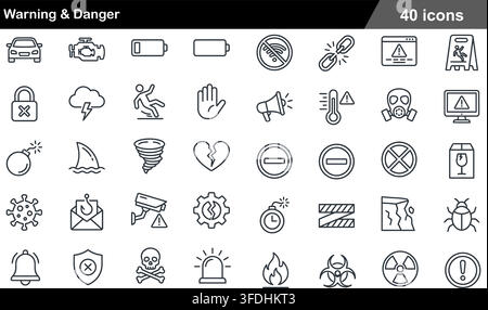 Vector illustration set of 50 warning and danger icons featuring skull crossbones, biohazard, radiation, high voltage, wet floor, and alert symbols. Stock Vector