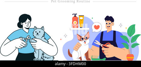 Vector illustration set of pet grooming routine featuring woman clipping cat claws and male groomer trimming dog fur with scissors and comb. Stock Vector