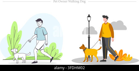 Vector illustration set of pet owners walking dogs featuring men strolling puppies on leash in outdoor park setting and street environment. Stock Vector