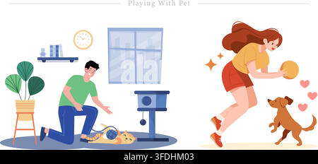 Vector illustration set of owners playing with pets featuring man teasing cat with yarn and woman throwing ball to dog in home interior environment. Stock Vector