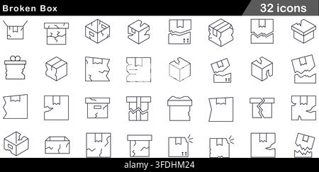 Vector illustration set of 50 broken box icons featuring damaged package, crushed cardboard, cracked parcel, open container, and shipping symbols. Stock Vector