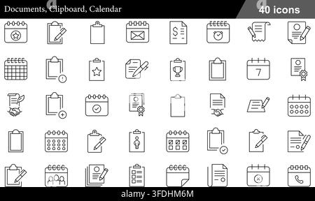Vector illustration set of 50 document icons featuring calendar schedules, office clipboards, agreement contracts, certificate papers, and tasks. Stock Vector