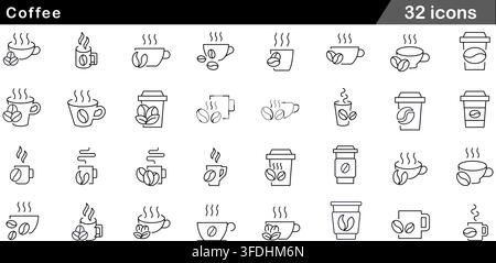Vector illustration set of 50 coffee icons featuring steaming hot cups, disposable paper cups, roasted coffee beans, espresso mugs, and cafe symbols. Stock Vector