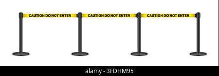 Realistic vector retractable belt stanchion. Crowd control barrier posts with caution strap. Queue lines. Restriction border and danger tape. Do not Stock Vector