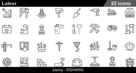 Vector illustration set of 50 labor icons featuring construction tools, worker helmet, paint roller, safety cone, excavator, and work line symbols. Stock Vector